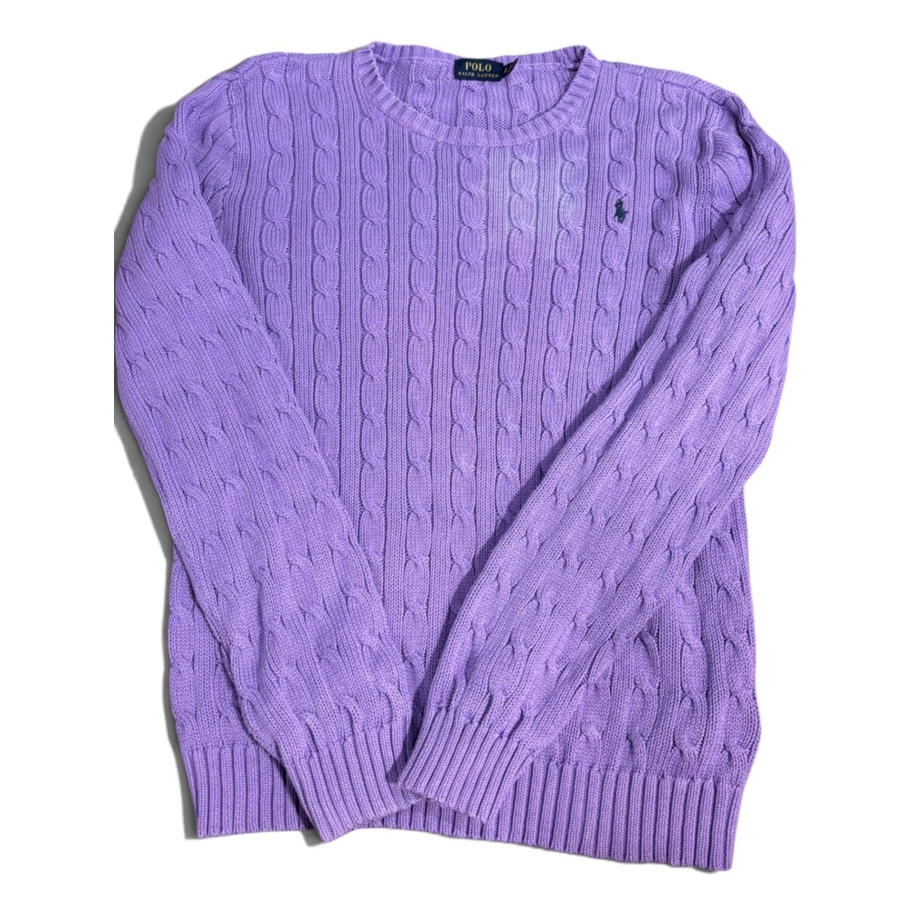 Polo Ralph Lauren Mens XL Purple Cable Knit Cotton Crewneck Sweater Pony Logo